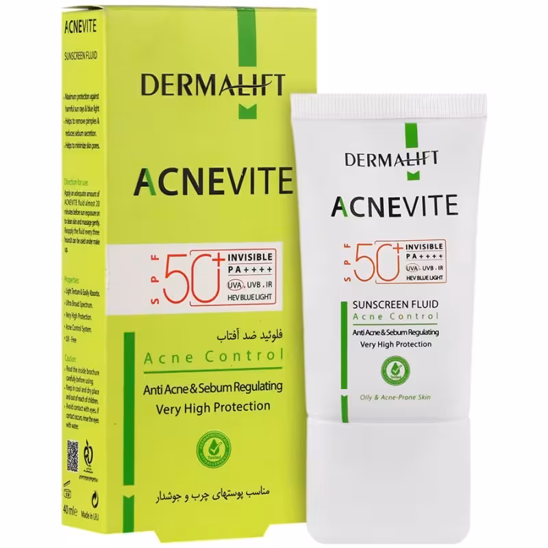 ضدآفتاب فلوئیدی درمالیفت SPF50 رنگ بژ روشن مناسب پوست های چرب و جوشدار مدل Acnevite حجم 40 میل