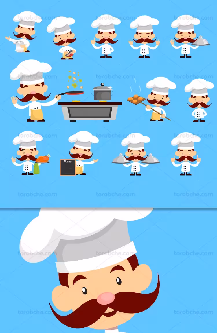 کاراکتر سرآشپز در موقعیت های مختلف | گرافیک با طعم تربچه