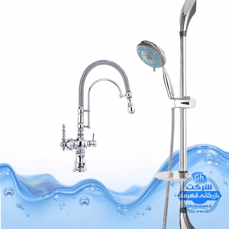 ست 2 عددی شیر ظرفشویی بیزانس دومنظوره و علم دوش یونیورست مدل یونیکا | کروم براق | شیرآلات برند آیدا صنعت مدل قهرمان