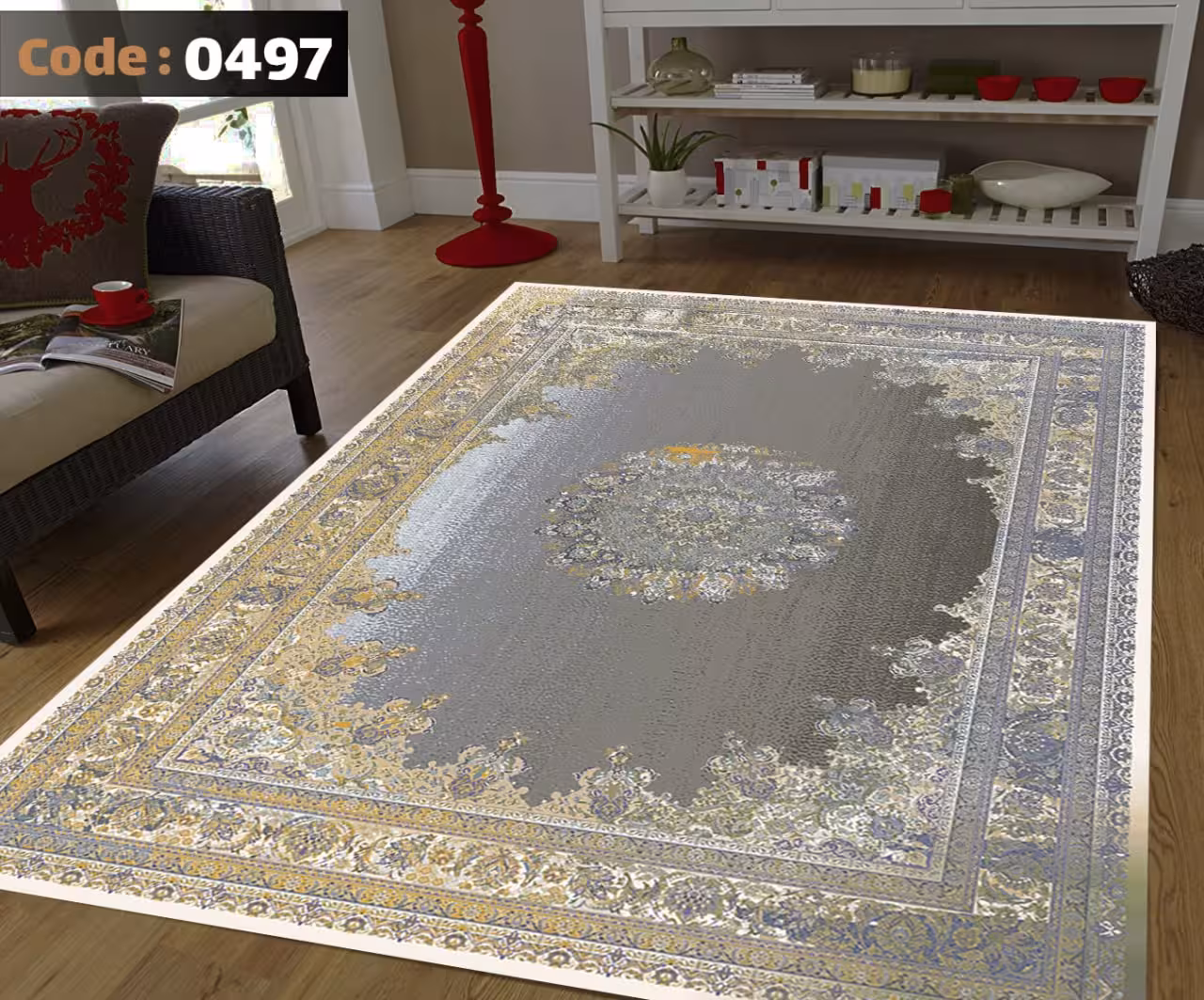 کاورفرش روفرشی دورکشدار گوشه لیفه ای طوسی کرم کد 0497