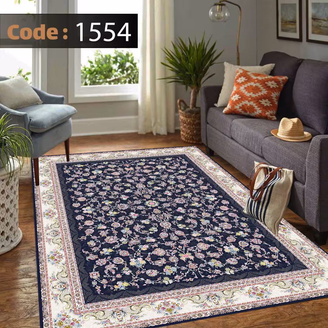 کاورفرش روفرشی دورکشدار گوشه لیفه ای لاکی ، آبی و متنوع کد 1554