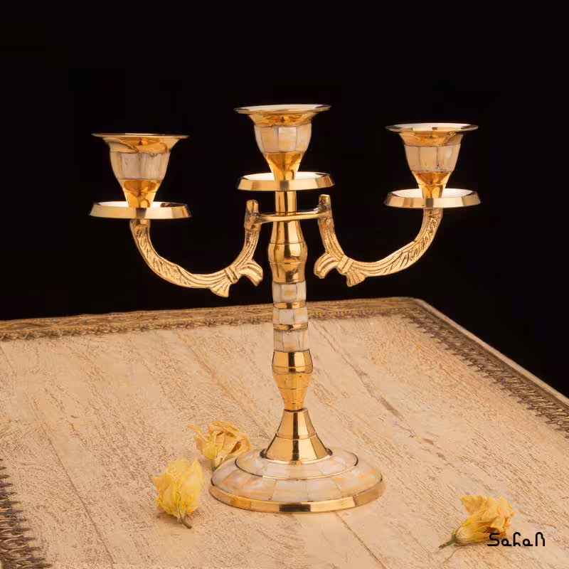 شمعدان جفت برنجی و طلایی سه شعله سایز 1