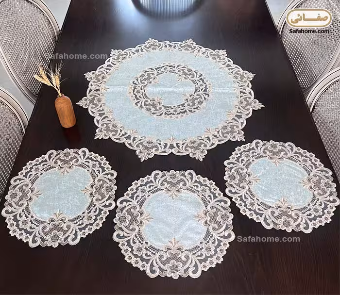 رومیزی جلومبلی 4 تکه گرد طرح ایپک سبز آبی