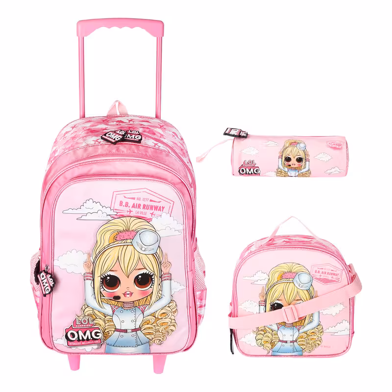 کوله پشتی چرخ دار مدرسه مدل دختر به همراه کیف دستی و جامدادی | چاوه