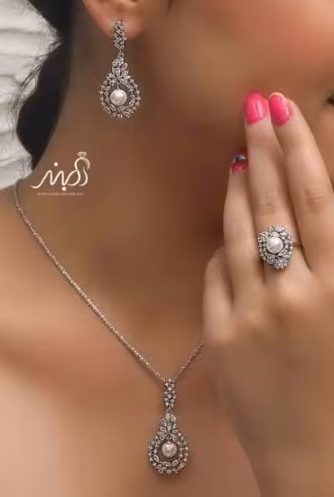💍نیم ست مرواريد دار (آويز ، گوشواره ) با انگشتر خاص و زیبا ، نقره عیار 925(N_4306)