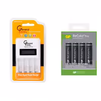 شارژر باتری جی‌پی مدل 407LCD همراه باتری قلمی شارژی جی‌پی 2000mAh بسته 4 عددی