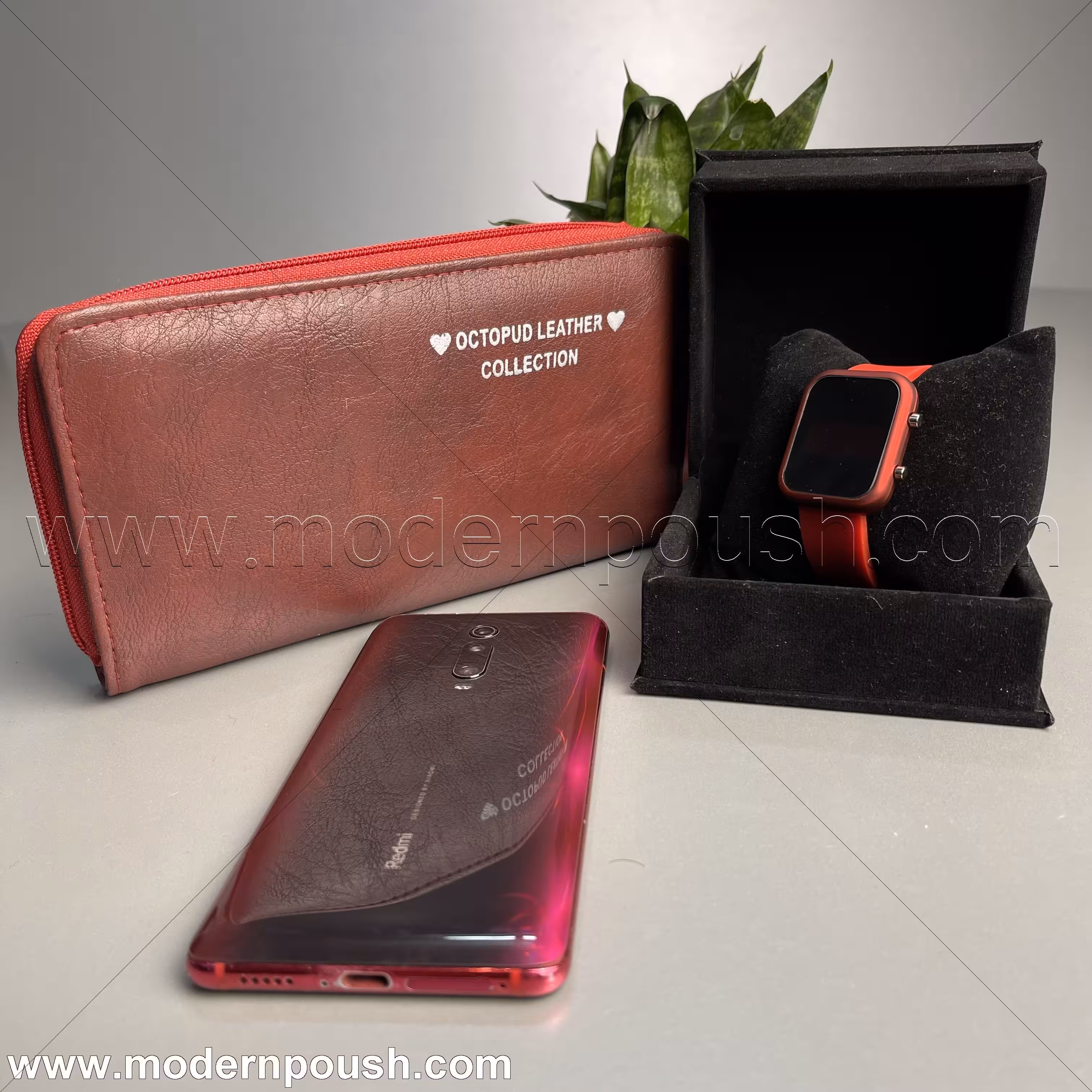 ست ساعت طرح اپل واچ  و کیف پول (جا موبایلی) رنگ زرشکی مناسب هدیه و کادو