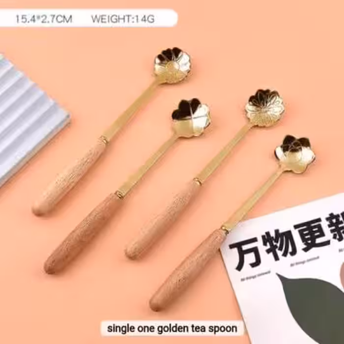 قاشق شربت خوری گل دسته چوبی طلایی