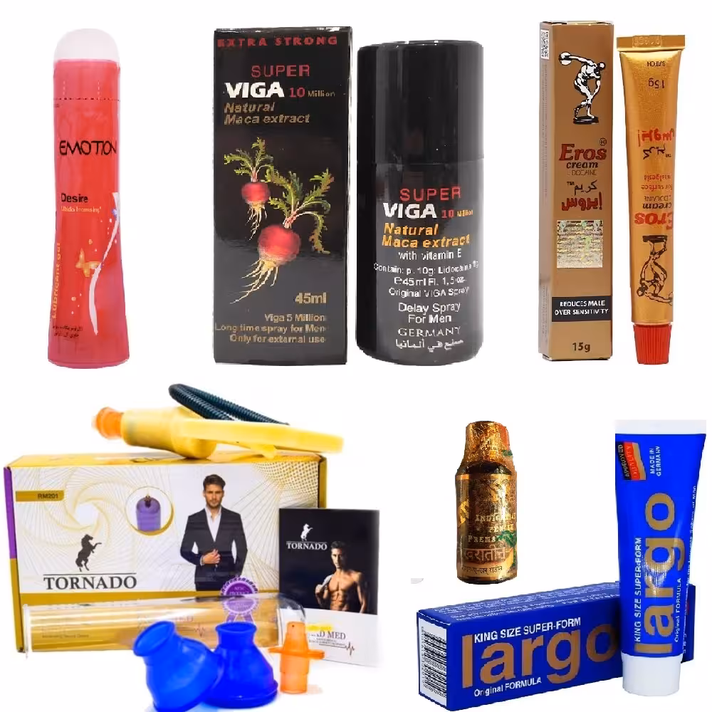 پکیج زناشویی 3 ( اسپری تاخیری ویگا 10 میلیون   کرم تاخیری اروس   روان کننده و محرک بانوان ایموشن   حجم دهنده لارگو   روغن حجم دهنده هندی   بادکش تورنادو )
