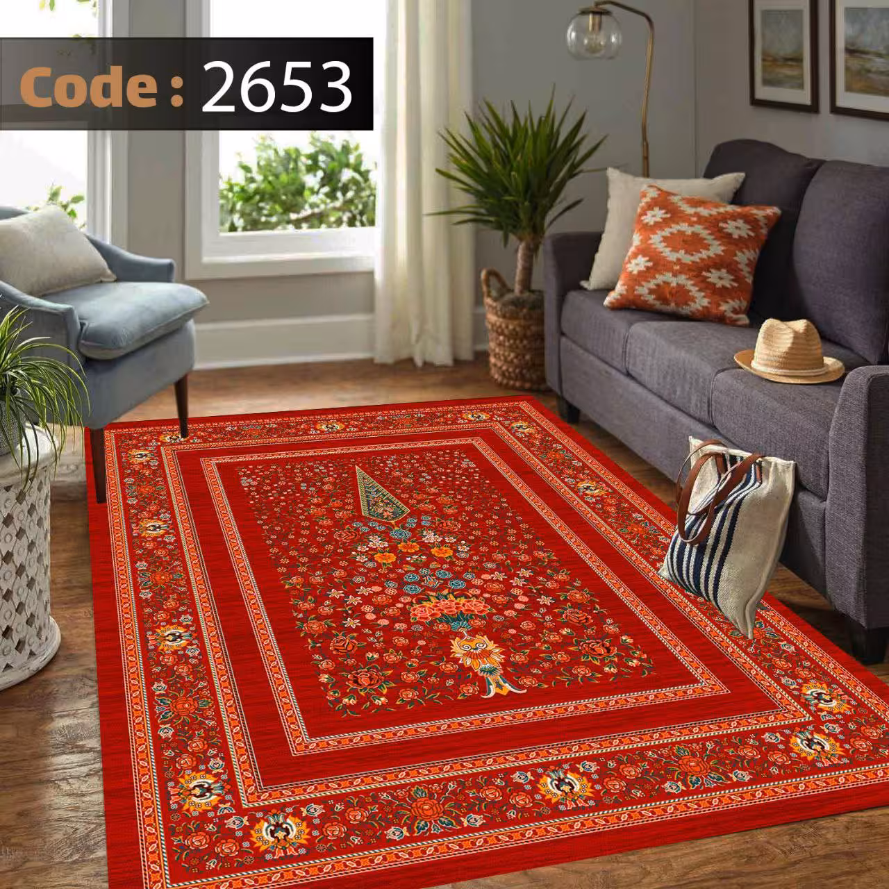 کاورفرش روفرشی دورکشدار گوشه لیفه ای لاکی ، آبی و متنوع کد 2653