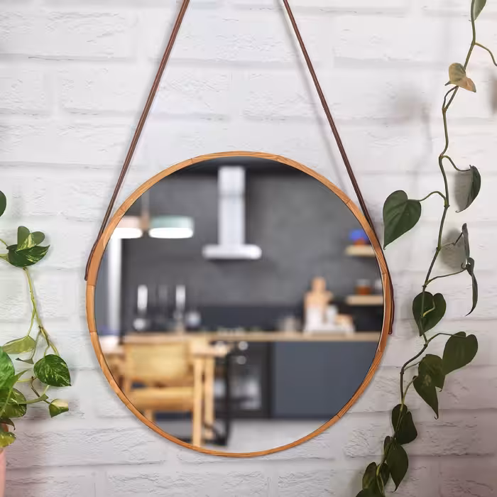 آینه قطر 60 قاب چوبی و بند چرمی (پس کرایه)