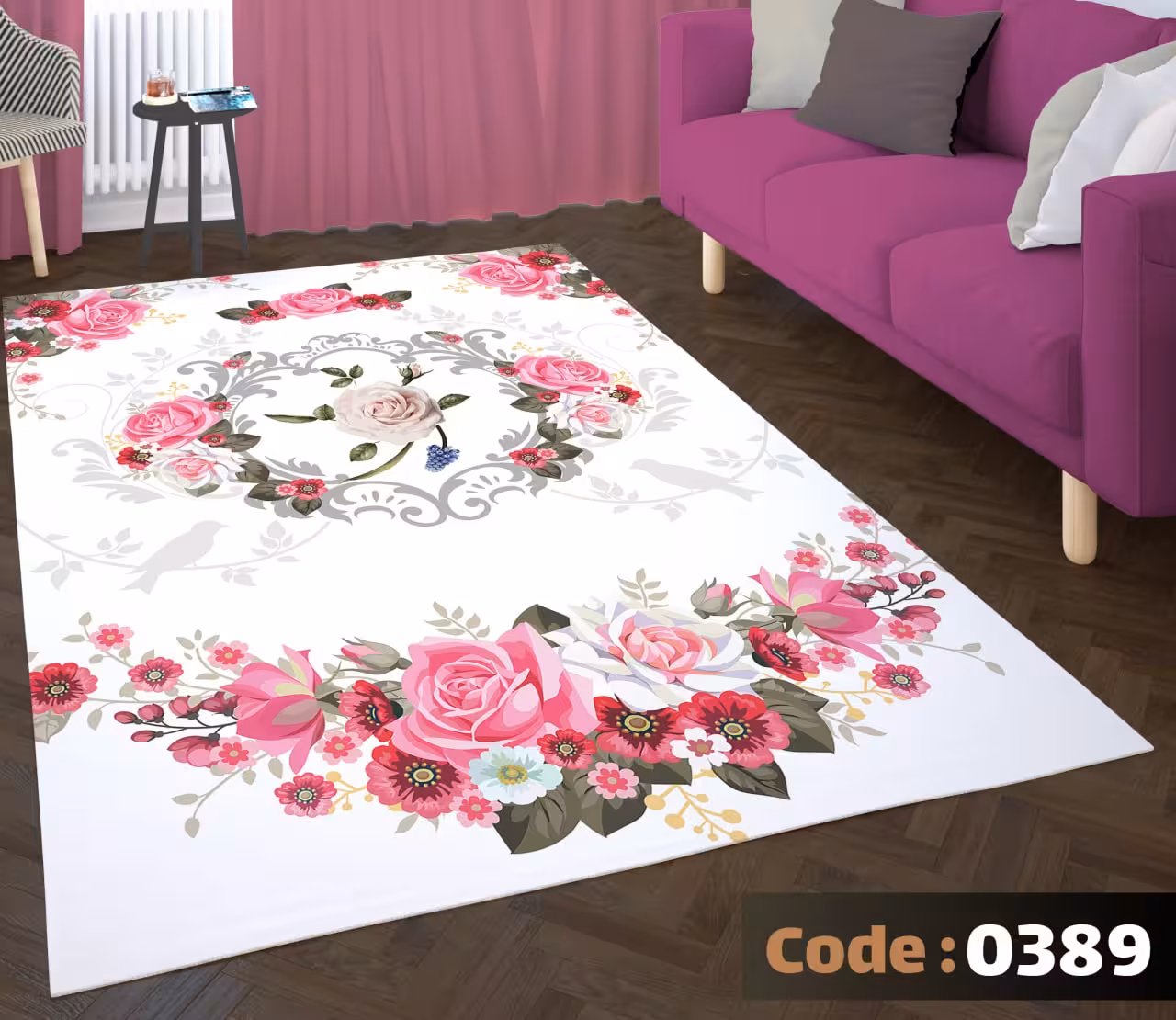 کاورفرش روفرشی دورکشدار گوشه لیفه ای لاکی ، آبی و متنوع کد 0389
