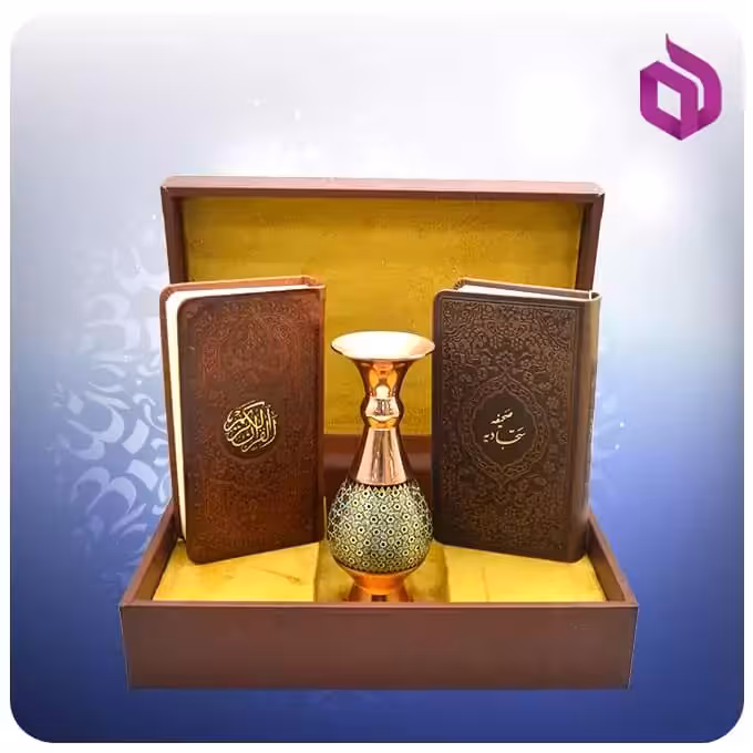 قرآن و صحیفه سجادیه پالتویی چرمی با گلدان خاتم 16 سانتیمتری