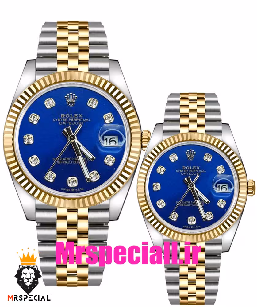 ساعت ست رولکس مردانه و زنانه دیت جاست باتری دورنگ طلایی صفحه ابی 0921 ROLEX DATEJUST