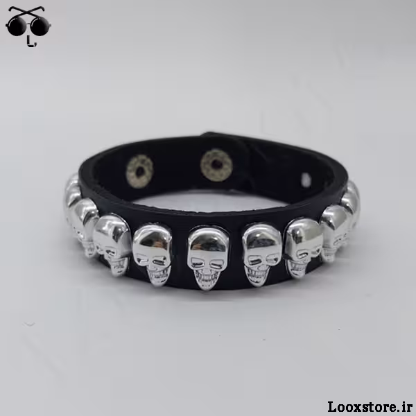 دستبند چرمی اسکلتی نقره ای