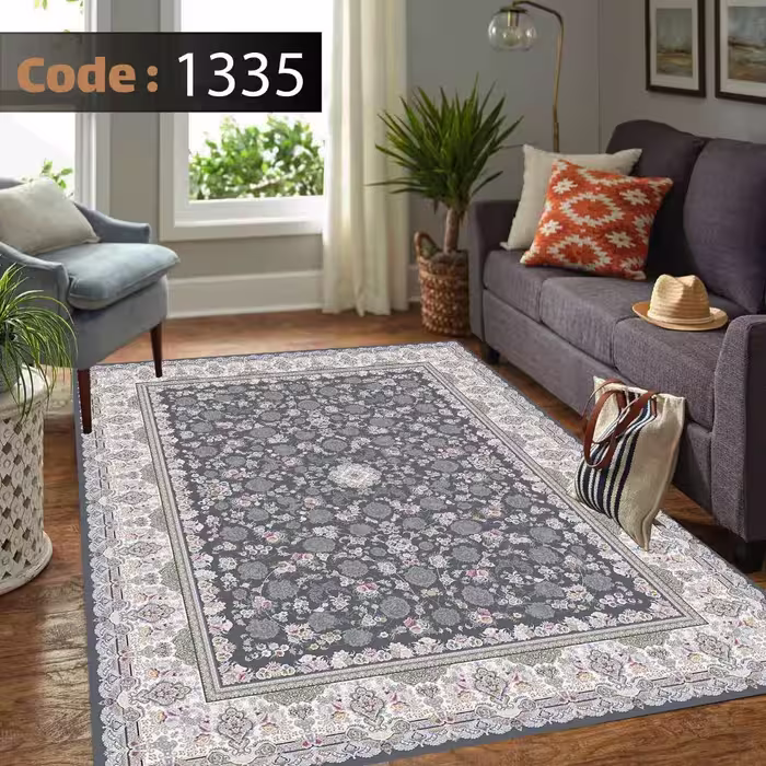 کاورفرش روفرشی دورکشدار گوشه لیفه ای طوسی کرم کد 1335
