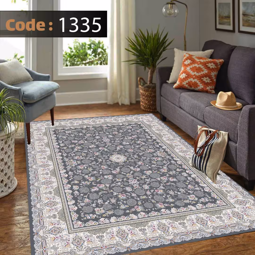 کاورفرش روفرشی دورکشدار گوشه لیفه ای طوسی کرم کد 1335