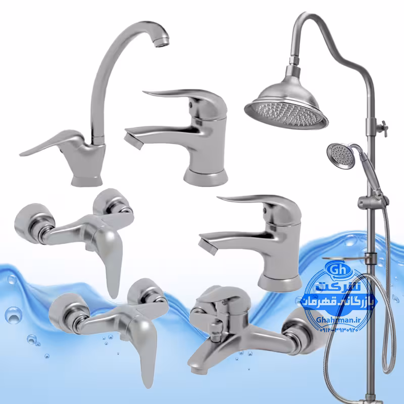ست 7 عددی شیرآلات برند آیدا صنعت مدل قهرمان | شیر ظرفشویی   2 عدد روشویی   حمام   2 عدد توالت   علم دوش شیپوری | کروم مات