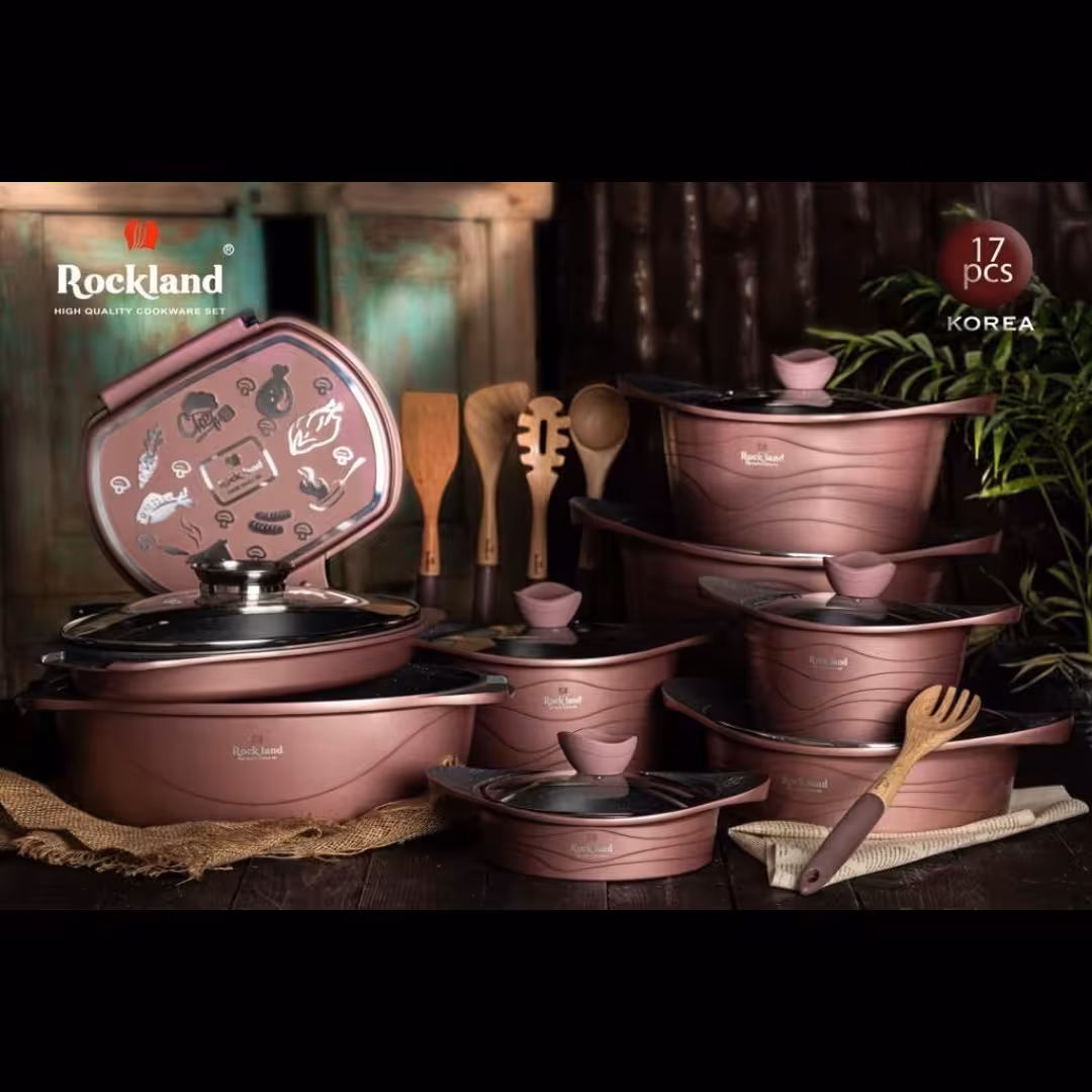 سرویس قابلمه چدن گرانیت 17 پارچه برند راکلند مدل موجی رنگ پوست پیازی 