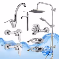 ست 8 عددی شیرآلات برند آیدا صنعت مدل قهرمان اردکی | شیر ظرفشویی   روشویی پایه‌بلند   حمام   دو عدد توالت   علم دوش یونیورست رسوب‌گیر اتومات   دو شلنگ توالت | کروم براق