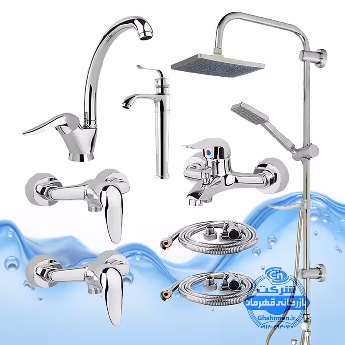 ست 8 عددی شیرآلات برند آیدا صنعت مدل قهرمان اردکی | شیر ظرفشویی   روشویی پایه‌بلند   حمام   دو عدد توالت   علم دوش یونیورست رسوب‌گیر اتومات   دو شلنگ توالت | کروم براق