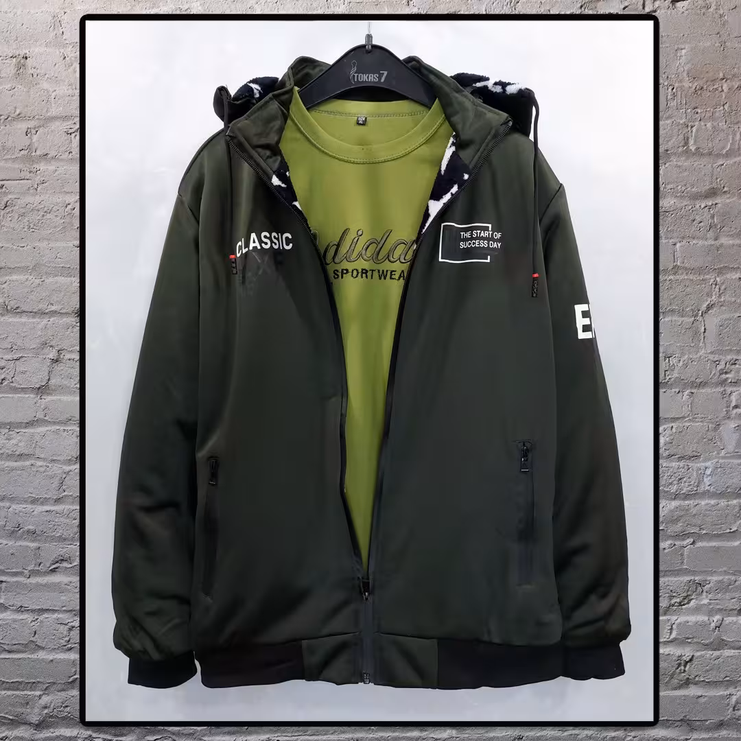 سویشرت داخل تمام خز جلوزیپ و کلاهدار رنگ یشمی