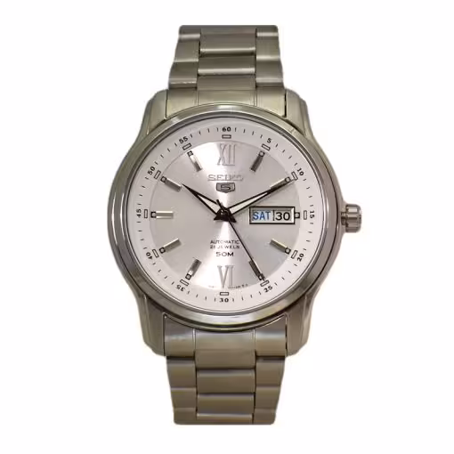 SEIKO5 A4 – J0 – 7S36B سیکو 5 اتوماتیک حرکتی اورجینال ژاپن موتور سیکو 23 سنگ ** فول استیل ** 2 تقویم صفحه سفید نقره ای