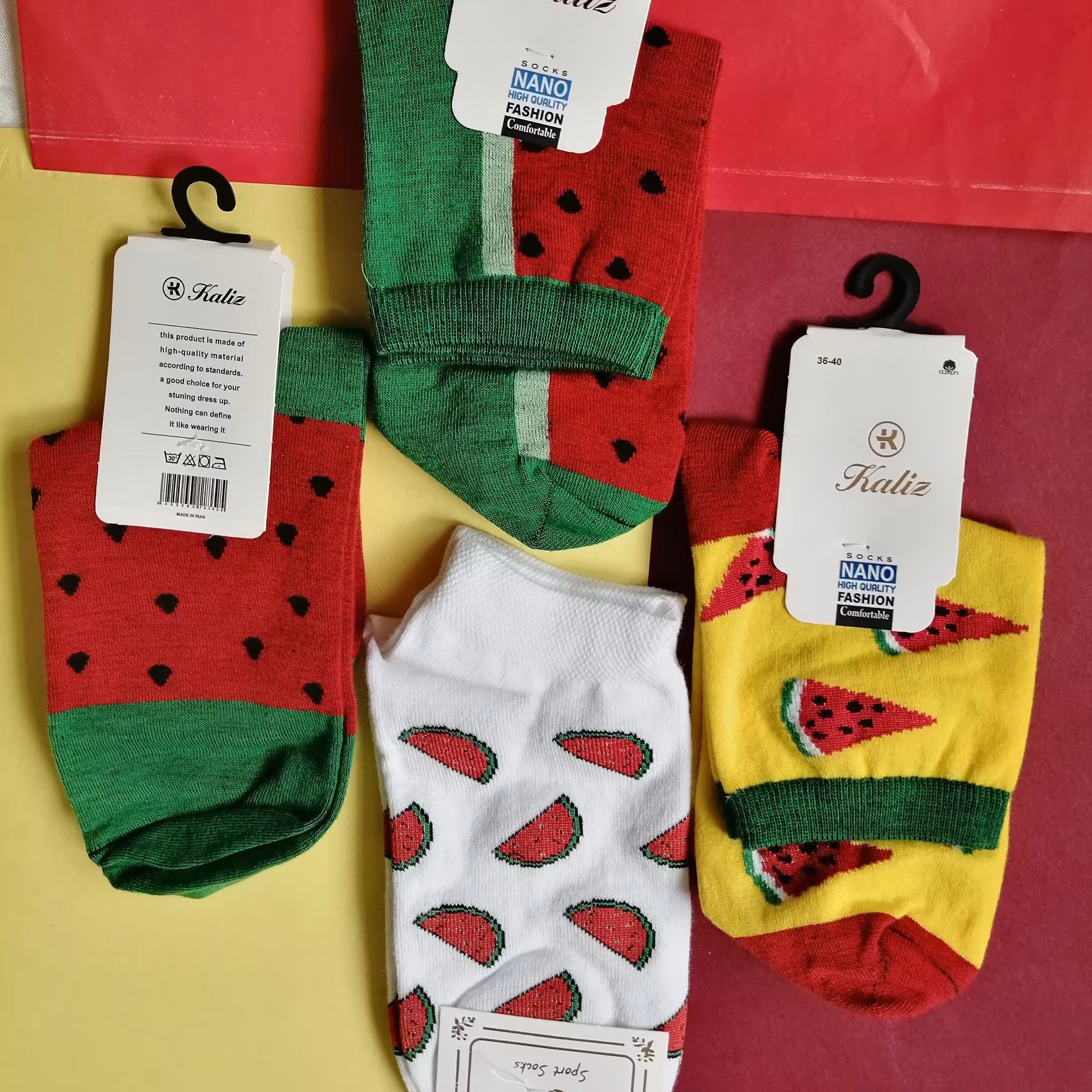 جوراب مچی  هندوانه، ویژه شب یلدا، مناسب سایز 36 تا 40 فقط شماره 2 و 3 موجوده