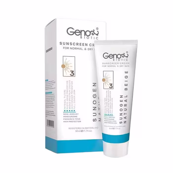 ضد آفتاب کرم پودری SPF50 پوست خشک ژنوبایوتیک (بژ طبیعی)