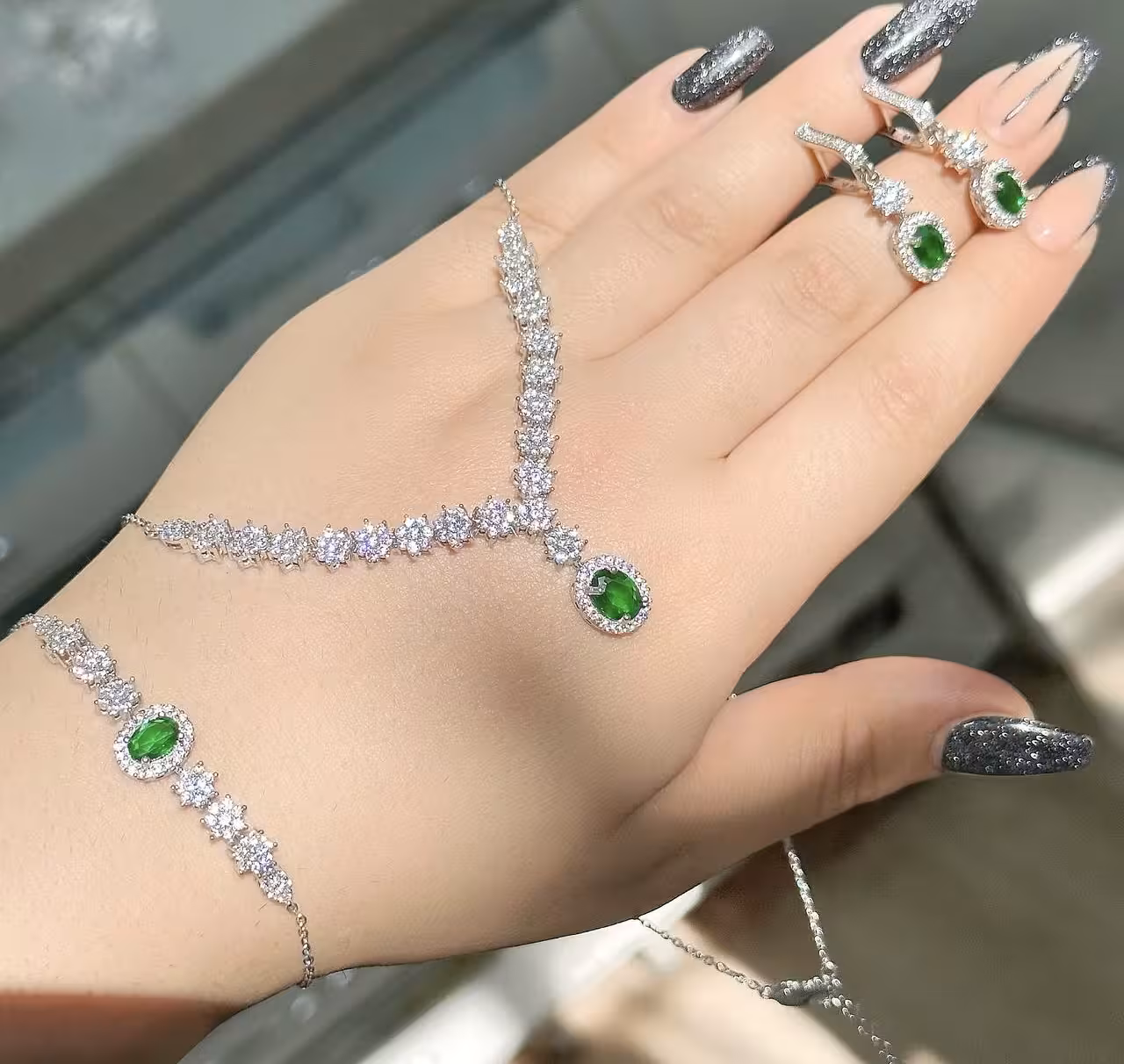 سرویس زمرد نقره جواهری زنانه کد 60291