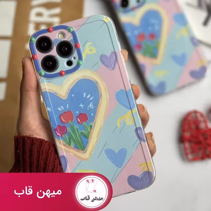 قاب موبایل آیفون نقاشی کودک درون قلبی آبی بنفش محافظ لنزدار - کد (94993)