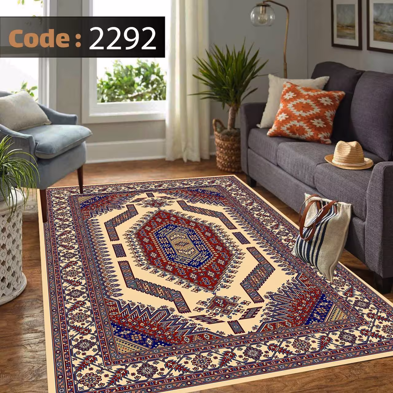 کاورفرش روفرشی دورکشدار گوشه لیفه ای لاکی ، آبی و متنوع کد 2292