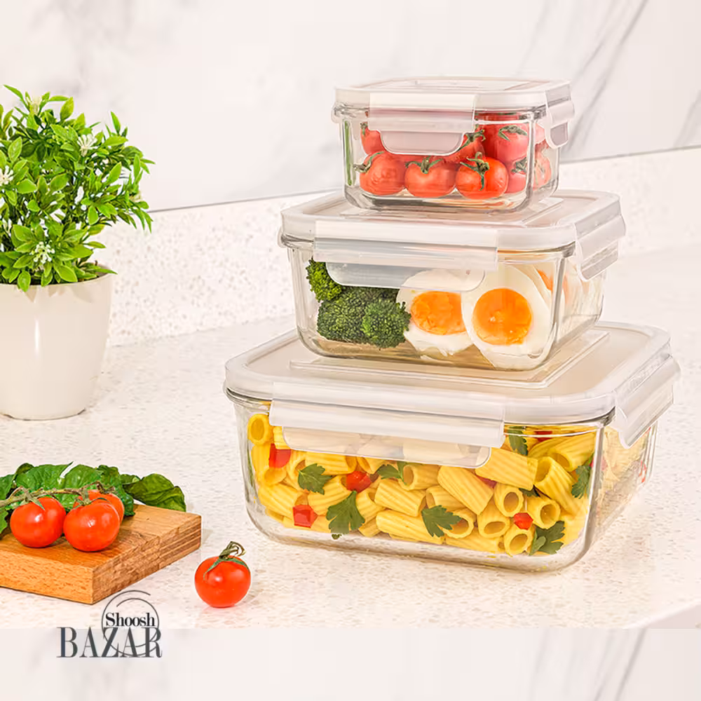 ست سه عددی ظروف شیشه ای مربع دربدار لیمون کد 2048