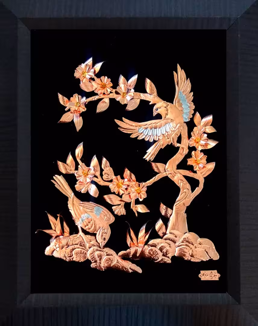 تابلو معرق مسی طرح گل و مرغ کد 10573