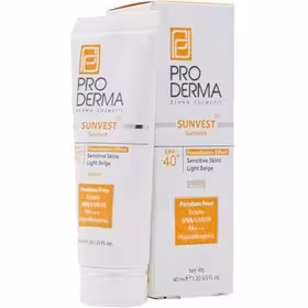 پرودرما کرم ضدآفتاب با SPF40 فاقد جاذب های شیمیایی مناسب پوست های حساس کرم پودری بژروشن 40ML
