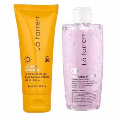 کرم ضد آفتاب بدون رنگ لافارر SPF 30 مدل پوست خشک و حساس مناسب پوستهای حجم 40 میلیلیتر به همراه تونر مدل مولتی اکتیو مناسب پوست خشک حجم 170 میلی لیتر