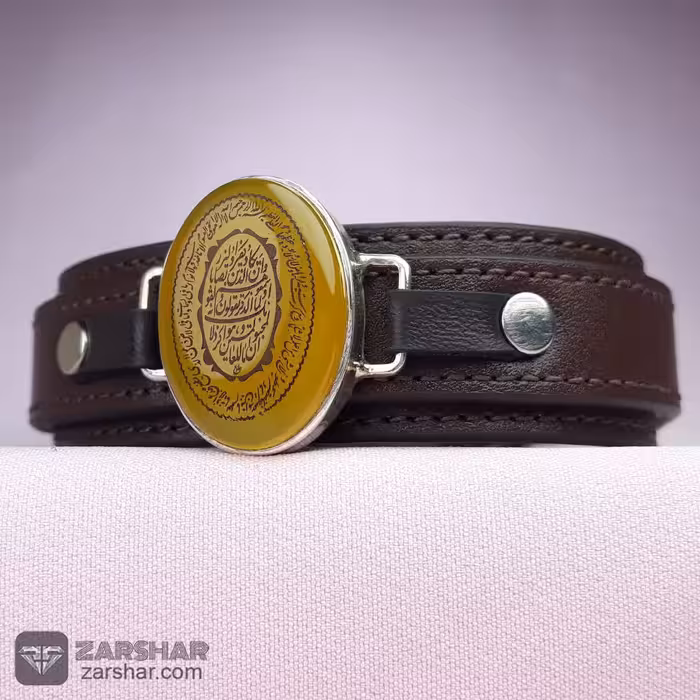 دستبند چرم و نقره شرف الشمس حکاکی وان یکاد و آیت الکرسی همراه حرز امام جواد