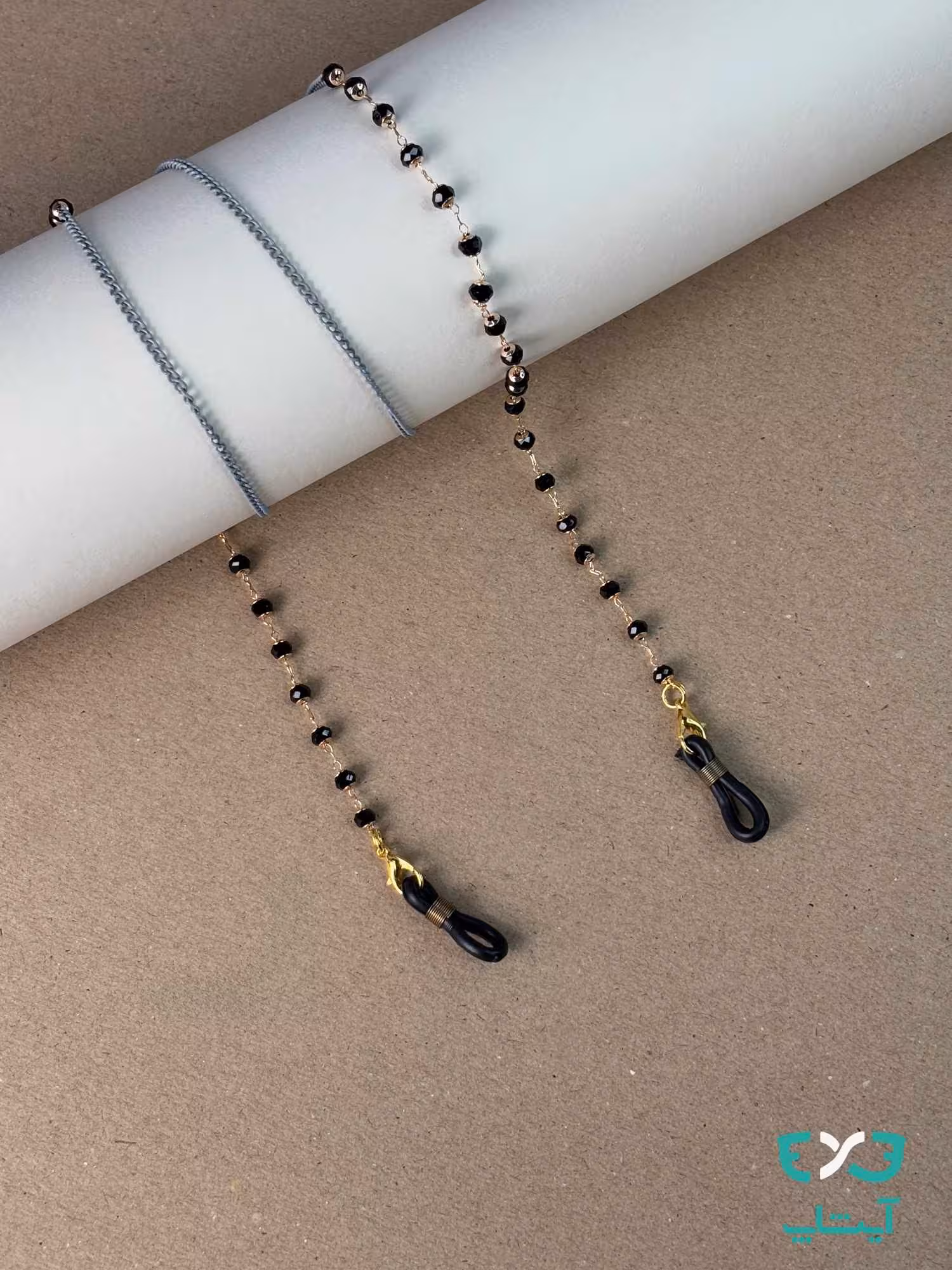 بند عینک مهره ای مشکی با زنجیر طوسی