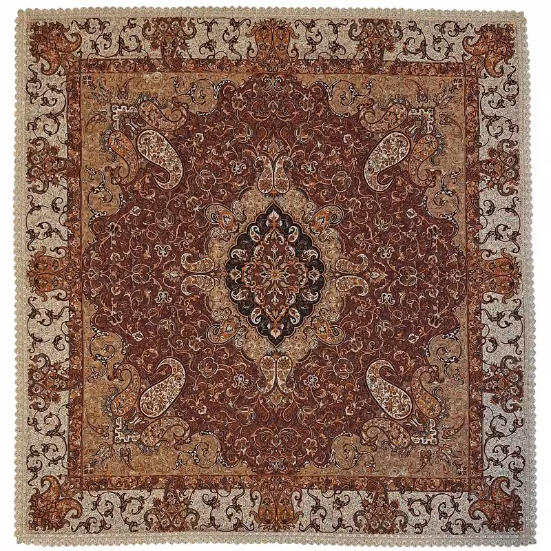 رومیزی مربع ترمه نفیس ابریشم کد TRM221 رنگ زرشکی قهوه ای آستر زرشکی لبه یراق دوزی
