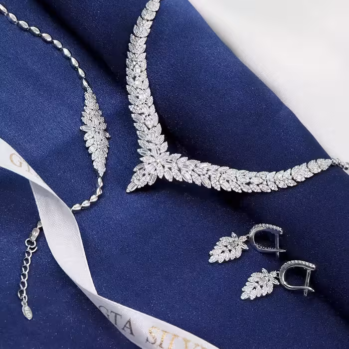 سرویس چشمگیر مارسا جواهری نقره اصل 925 ابکاری طلا سفید و رنگ ثابت