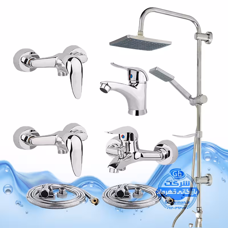 ست 7 عددی شیرآلات برند آیدا صنعت مدل قهرمان | شیر روشویی   حمام   2 عدد توالت   علم دوش رسوب‌گیر اتومات   2 عدد شلنگ توالت | کروم براق