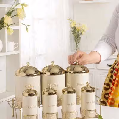 سرویس ادویه و پاسماوری 8 پارچه کرم درب طلا و استند طلا ریور کد 8234