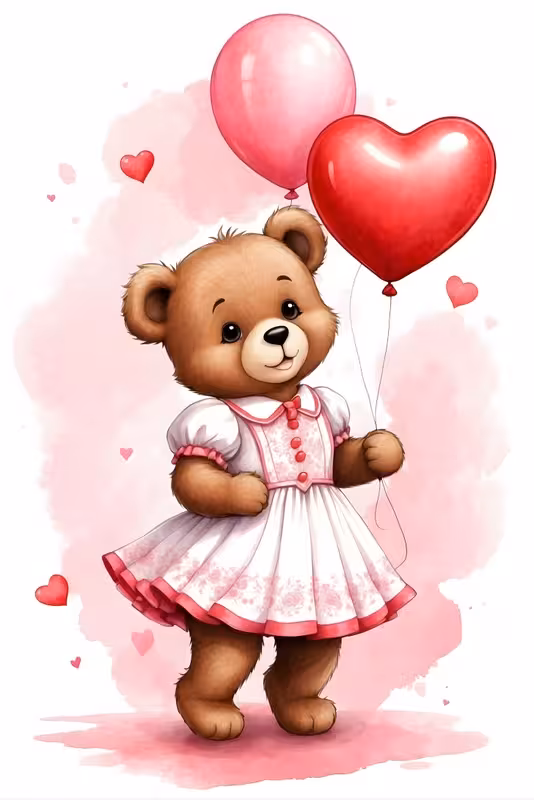 پوستر دیواری خرس عروسکی لباس‌پوشیده با بالن قلبی