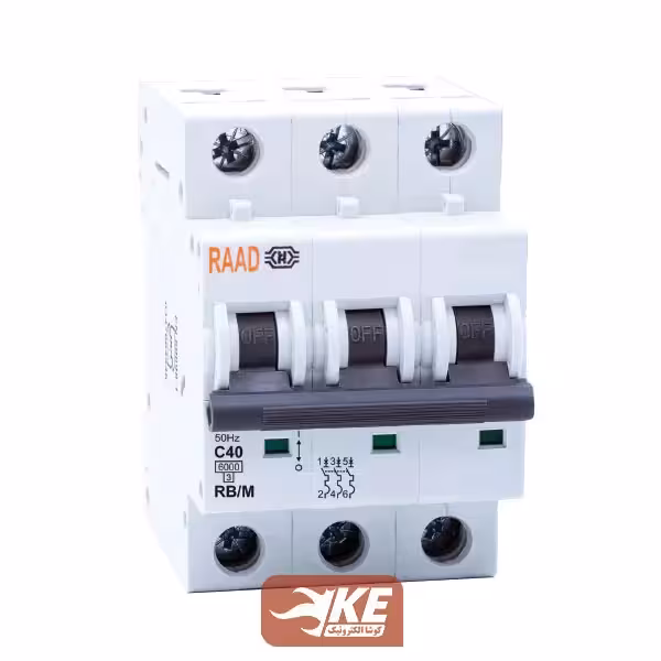 کلید مینیاتوری AC سه‌ پل 40 آمپر 6kA تیپ C رعد مدل RB/M-3P-40A