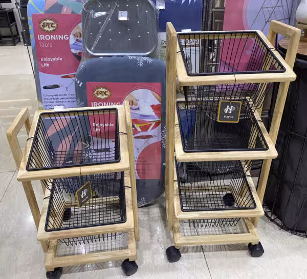 سبد سیب زمینی پیاز دو و سه طبقه چوبی چرخ دار هایلو