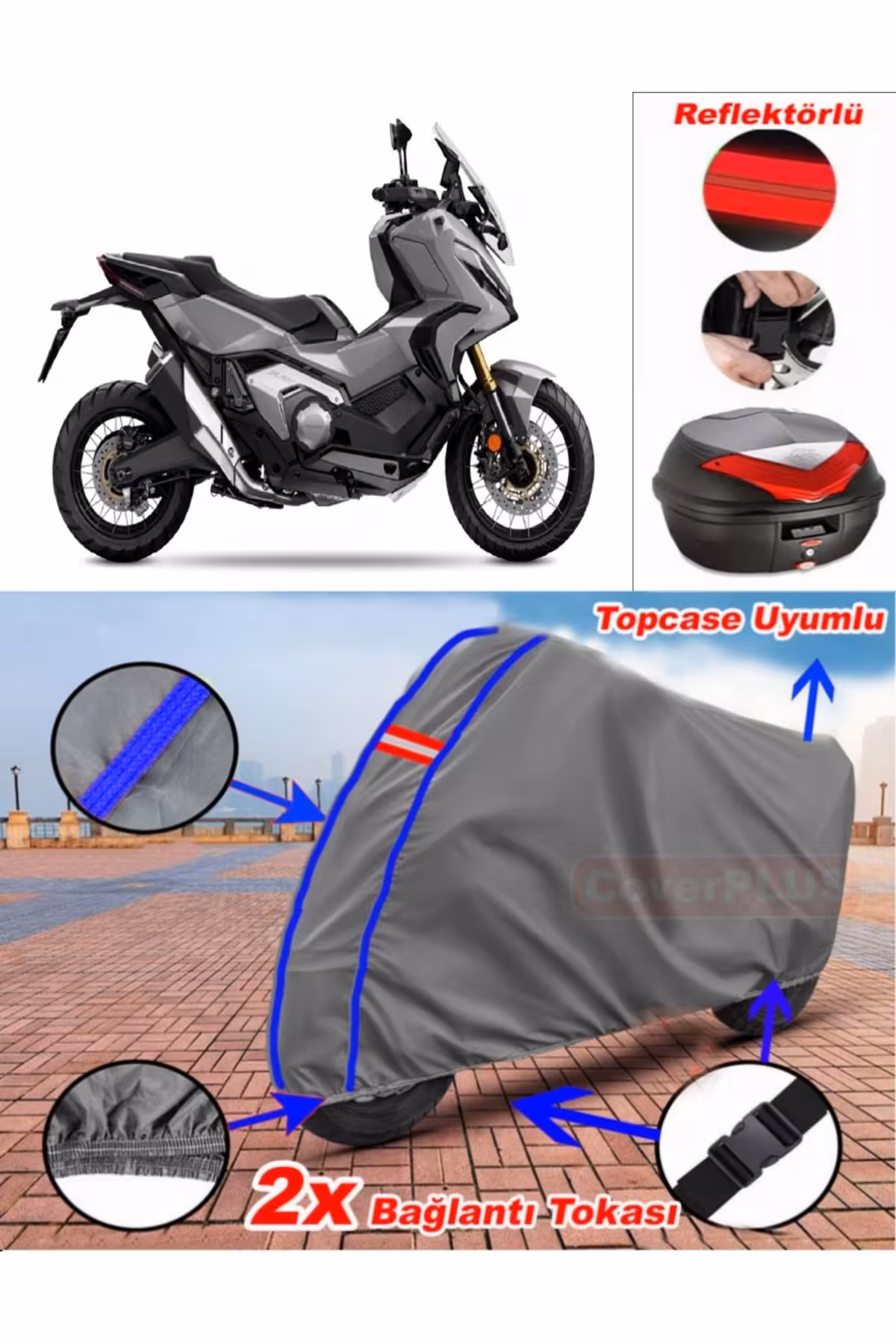 چادر موتورسیکلت خاکستری آبی خیاطی X ADV 350 کیسه عقب سازگار CoverPlus