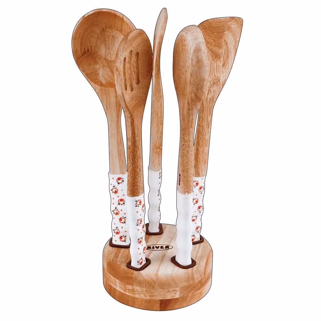 سرویس کفگیر و ملاقه سرامیکی ریور مدل رز با استند چوبی