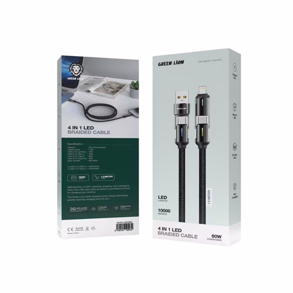 کابل چهار کاره 60 وات گرین لاین Green Lion 4 in 1 LED Braided Cable 60W