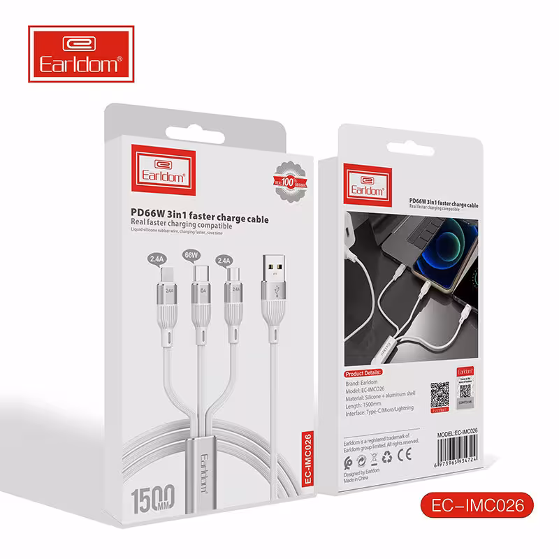 کابل 3 سر فست شارژ Earldom EC-IMC026 2.4A PD 66W 1.5m