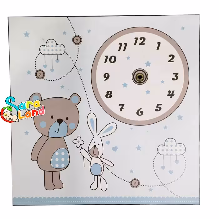 ساعت دیواری کودک طرح خرس و خرگوش آبی